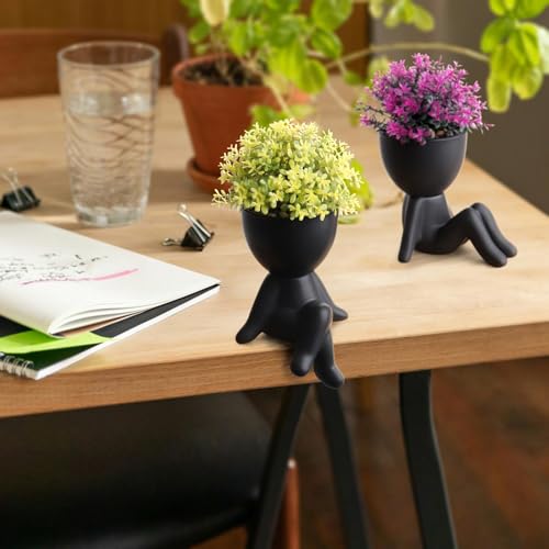 Zerzsy 4 Pack Cute Small Fake Plants with Creative Human Shaped Pots, Fake Plants Artificial Greenery Potted for Home Decor Indoor Shelf Desk Tabletop (Black) - color: Black-4pcs