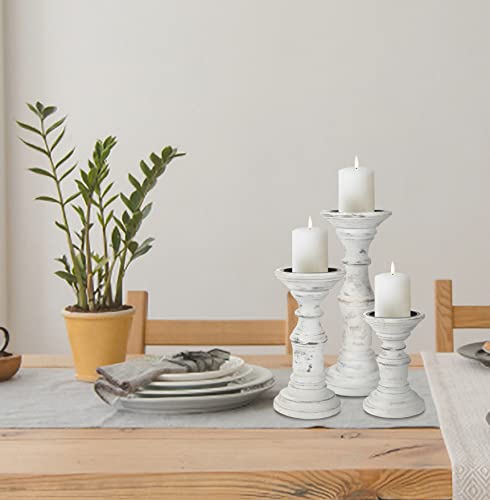 Candle Holder Stand Wooden, Pillar Candle Holders, Unity Candle Holders, Rounded Turned Colums, Country Style Ideal for Gift, Wedding, Christmas, Party, Spa - 10,8,6 Inch- Set of 3 - Antique White - color: Antique White, size: 10,8,6 Inch Set of 3 - Mid C