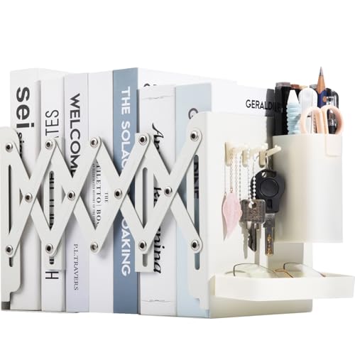 Adjustable Bookends, 19" Metal Book Ends for Heavy Books, 2 Dividers Bookends with Removable Pen Holder, Tray, and 3 Hook-up, Book Organizer for Office, School, Bookstore, Home - color: White