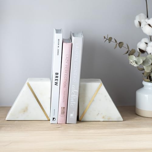 Cork & Mill Marble Book Ends for Shelves, Decorative Bookends for Heavy Books, Unique Mid Century Modern White and Gold Bookends with Brass Inlay, Heavy Duty Bookshelf Stopper, Set of 2 - color: White + Brass