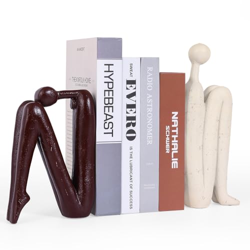 Heavy Bookends for Heavy Books – Modern Decorative Book Ends Thinker Statue, Creative Bookends Book Stopper for Shelves, Abstract Sculpture Bookshelf Desk Decor for Home Office (White and Red Brown) - color: White and Red Brown