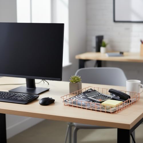 Rose Gold File Organizer for Desk Letter Size Desk Paper Organizer Trays Large Capacity Metal File Organizer Paper Tray Wire Basket Bins for Office Desktop,12.5" x 9.4" x 1.9" - color: Rose Gold