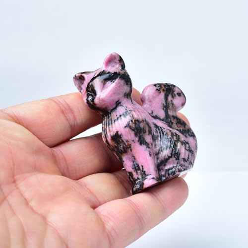 Natural Rhodonite Crystal Cat Statue 2.4 Inch - Handmade Healing Sculpture, Lucky Guardian Pocket Statue for Reiki Meditation, Office & Home Decoration Gift - color: Rhodonite