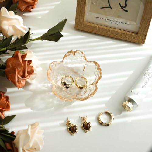 Gifts for Women Amber Flower Jewelry Ring Dish Tray,Decorative Glass Trinket Dish,Room Decor Aesthetic, Modern Accent Tray for Vanity Friendship Christmas Birthday Gifts for Women(Amber) - color: Amber