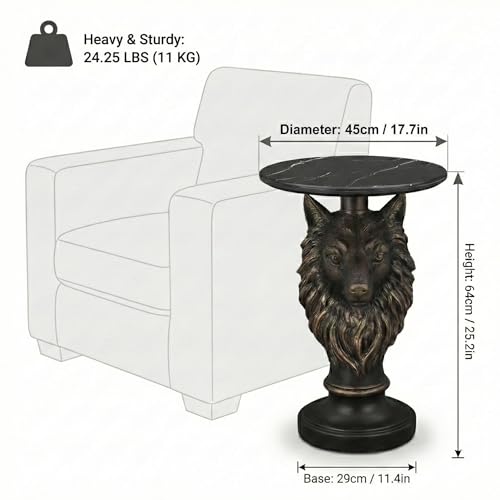 Bronze Wolf Side Table,Realistic Animal Head End Table with Marble Look Top,25" Tall Resin Furniture for Man Cave, Game Room, Unique Gift for Hunters & Men - color: Majestic Wolf Base