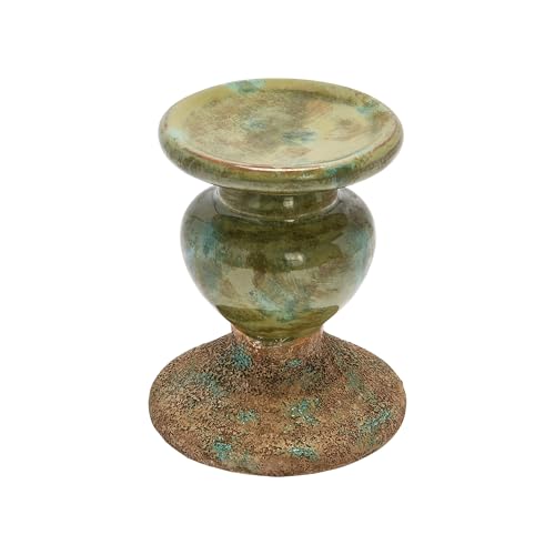 Creative Co-Op 2-Tone Sculptural Terracotta Pillar Candle Holder, Distressed Green - color: Green, size: 4.5" W x 5.25" H