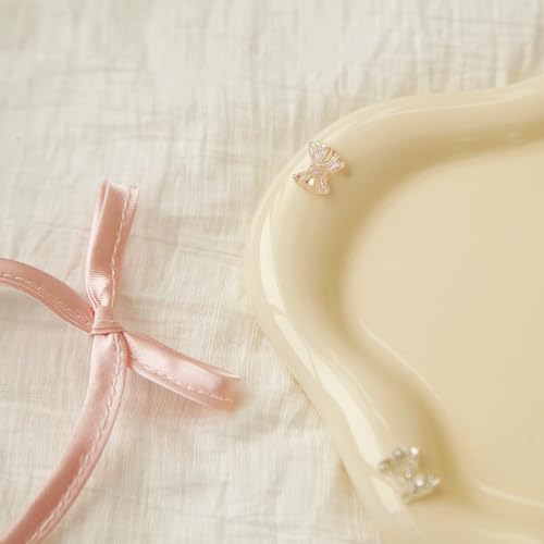 Jewelry Dish Trinket Tray for Women, Ring Dish Holder, Unique Cloud Shape Ceramic Plate Cute Things Vanity Aesthetic Room Decor Mother's Day Birthday (Bow Cream) - color: Bow Cream