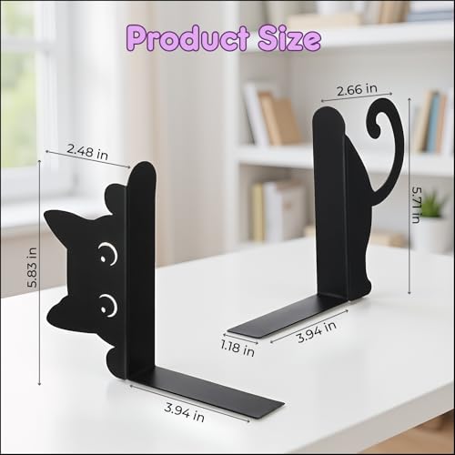 Cat Book Ends Decorative Metal Bookends for Shelves Black Cute Book Holders for Desk