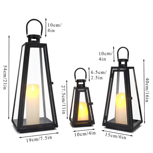 TRIROCKS Set of 3 Decorative Candle Lantern 11/16/21''H Metal Outdoor Candle Holder Hanging Lantern with Tempered Glass for Christmas Home Living Room Parties Event Indoors Outdoors (Black Triangle) - color: Black