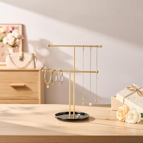 Gold Jewelry Holder Stand with Ceramic Tray: Small Hanging Necklace Organizer Tree for Earrings, Bracelets, Rings – Jewelry Display Hanger for Women & Girls, Black - color: black tray gold bar