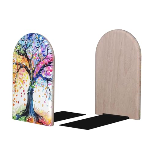Decorative Bookends 2 Pcs Spring Summer Fall Winter Tree Wood Bookends for Shelves Heavy Books Kids Non-Skid Book Ends Stoppers for Office Desk Kitchen School - color: Spring Summer Fall Winter Tree