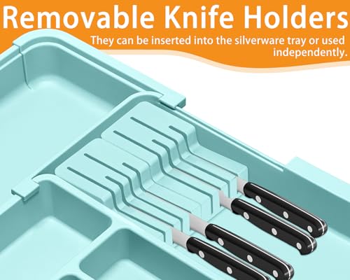 Homecor Silverware Organizer - Expandable Large Kitchen Drawer Organizer Utensil Organizer with 2 Knife Block Inserts, 22"x 19"Cutlery Tray with Drawer Dividers for Kitchen Flatware (Turquoise) - color: Turquoise