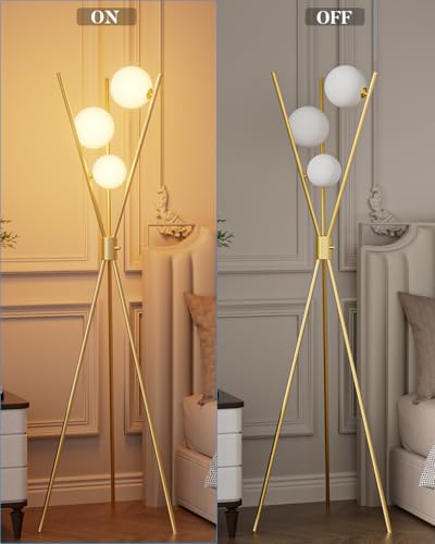 3 Globe Dimmable Tripod Floor Lamp, Mid Century Standing Lamps with 3Pcs 3000K Bulbs Included, Modern Tall Lamp for Living Room Bedroom Office-Gold - color: 3 Globe-Gold Tripod