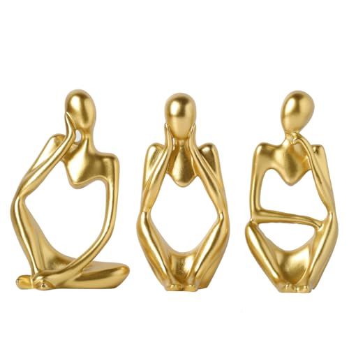 BrownLove 3pcs Golden Decor Thinker Statue Abstract Art Sculpture，Resin Collectible Figurines for Home Living Room Office Shelf Decoration - color: Golden