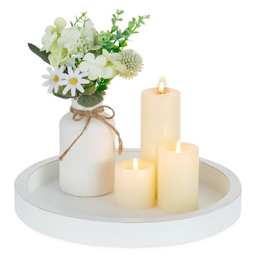 Hanobe Decorative Tray for Coffee Table: Wood Candle Holders Plate Round Rustic Trays for Ottoman Centerpiece Home Decor Living Room Kitchen Corner Organizer White