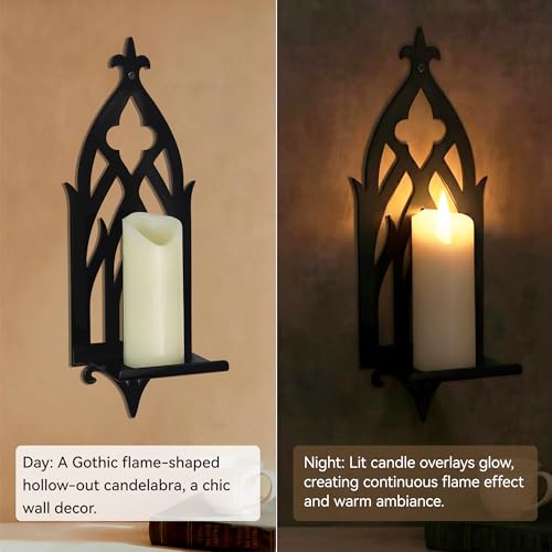 Wall Candle Sconces Set of 2, Victorian Gothic Metal Candle Holders for Pillar, Tealight, and LED Candles, Decorative Wall Decor for Living Room Dining Room (Black) - color: Black Gothic