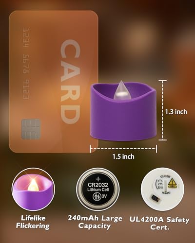 Homemory Purple Tea Lights Candles Battery Operated, 200+Hour Flameless Flickering Fake Electric LED Colored Tealights Candles for Party, Wedding, Halloween, Mardi Gras, Holiday Decor, 24-Pack - color: Purple, size: Pack of 24