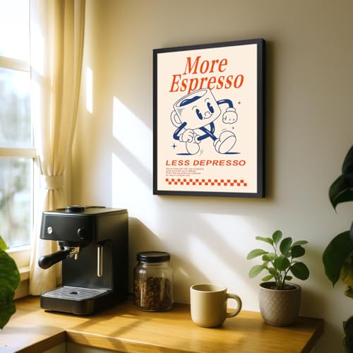 GELDSTEI Wood Framed Cute Coffee Wall Art, More Espresso Less Depresso Wall Decor, Funny Coffee Bar Aesthetic Picture, Vintage Cafe Bar Poster Print, Retro Cafe Cup Canvas Painting for Kitchen 12x16 Inch - color: Cartoon(Wood), size: 16"L x 12"W