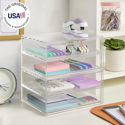 STORi Chloe Space-Saving Clear Drawer Organizer (4 Wide Drawers) Sort Office, Kitchen, Beauty Supplies, Makeup, Pens, Jewelry, Stationary, Made in USA - style: 7.5"W x 1.5"H Drawers (Set of 4)