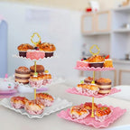 5 Pcs Dessert Display Stands, 2pcs Dessert Stands 3 Pcs Tray, Pink Dessert Display Stands, Treat Table Displays Set for Wedding Baby Shower Tea Party, Ease of Cleaning and Assembly - color: Pink