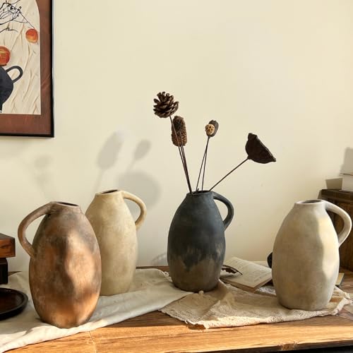 Ceramic Rustic Farmhouse Vase with Handle, 10.3 Inch Large Vintage Vase for Home Decor, Handmade Ceramic Flower Vases for Living Room, Kitchen, Office Farmhouse Centerpiece, Black - color: Black
