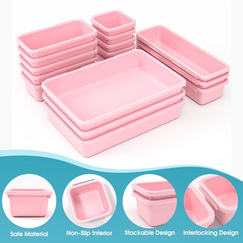 16 PCS Drawer Organizer Set, 4 Size Makeup Drawer Divider Organizer With Non-Slip Pads, Interlocking Plastic Storage Bins for Office,Jewelry Vanity,Gadgets, Bathroom,Kitchen, Pink - color: Pink, size: 16Pack