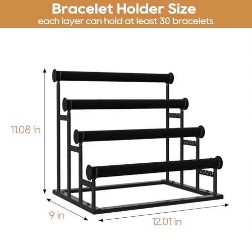 ORLESS 4 Tier Bracelet Holder, Detachable Velvet Jewelry Display Stand, T-Bar Necklace Storage Organizer Display Stand, Metal Bracelet Holder Display for Bangles Watch Bracelets Scrunchies(Black) - color: Black