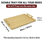 2 Pack Bamboo Serving Tray with Metal Handles, 15.8×11.4“ Solid Wooden Tray for Food, Rectangular Decorative Tray for Ottoman, Coffee Table, Living Room, Bathroom, Party