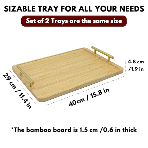 2 Pack Bamboo Serving Tray with Metal Handles, 15.8×11.4“ Solid Wooden Tray for Food, Rectangular Decorative Tray for Ottoman, Coffee Table, Living Room, Bathroom, Party