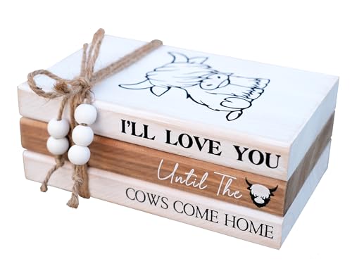 LIVDUCOT Highland Cow Wood Book Stacks Decor - Rustic Farmhouse Decorative Books Sign for Home Coffee Table Mantle Fireplace Shelf Decorations - I'll Love You Until the Cows Come Home 7.5x5x3' - color: Cow