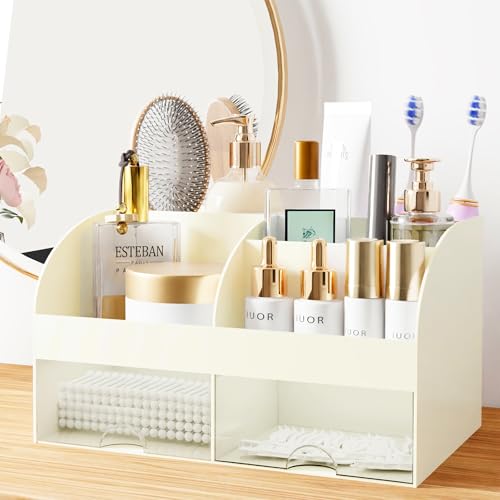 Makeup Organizer with Drawers, Cosmetic Storage for Dresser Vanity and Bathroom Countertop, Beauty Holder for Lipstick Brush, Skincare Organizer for Vanity, Cosmetic Display Case (Ivory) - color: Ivory