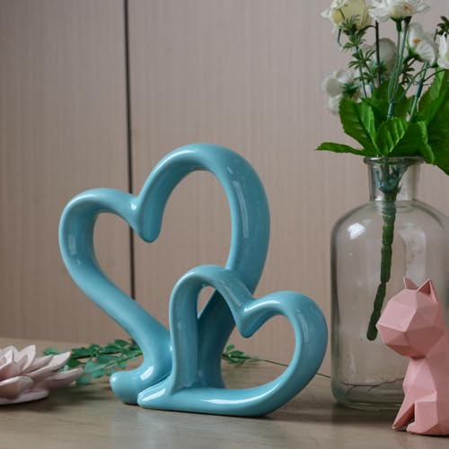 HAUCOZE Double Heart Statue Figurine Love Gifts Decor Modern Sculpture Bookshelf Arts Table Centerpiece Statue Ceramic Crafts 9.5 inch