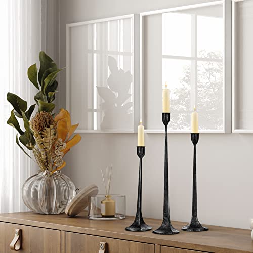 Iron Taper Candle Holder Set of 3 - Decorative Tall Candle Stand, Candlestick Holder for Wedding, Dining Table, Party Decoration - color: Black & Silver