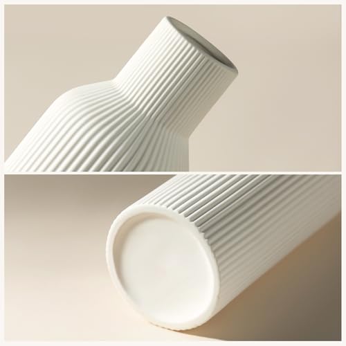 White Ceramic Vases Set of 3 - Modern Matte Ribbed Vases for Pampas Grass & Dried Flowers - Minimalist Decorative Centerpieces for Living Room, Shelf, Entryway & Wedding - color: White