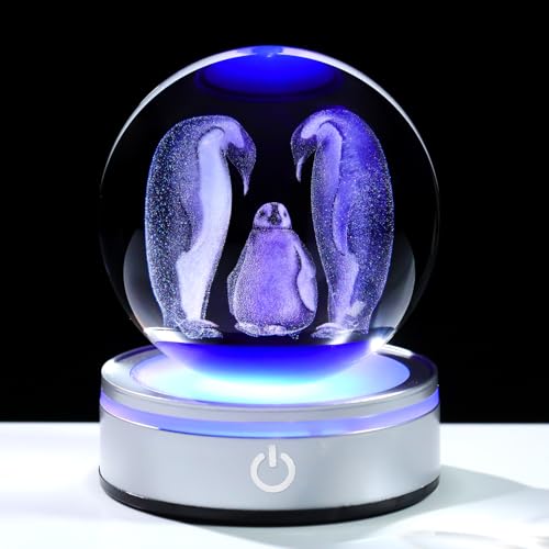 Arikyrist 3.15in. 3D Penguins Crystal Ball Gifts for Women Men, K9 Crystal Decorative Ball Engraved Penguins Figurine Paperweight with LED Light Base for Home Office Decoration for Birthday Christmas - color: Penguins