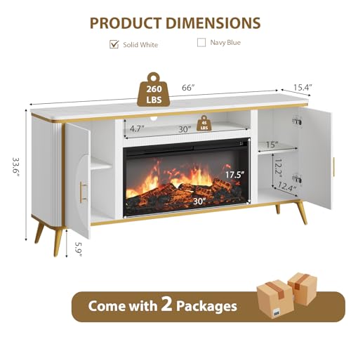 Fluted Fireplace TV Stand Up to 80" TVs, Modern Entertainment Center with 30" Electric Fireplace, Luxury Media Console with Adjustable Shelves for Living Room, White - color: White