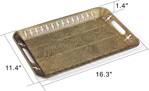 Sturdy 16" Rectangular Decorative Metal Serving Tray - Champagne Gold with Filigree Decor for Coffee Table, Bathroom, Dresser, Centerpieces, Wedding