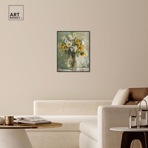 Art Remedy Sunflowers In A Glass Vase Canvas Vintage Farmhouse Wall Art, Black Frame, 24" x 30" - color: Black Frame, size: 31"L x 25"W