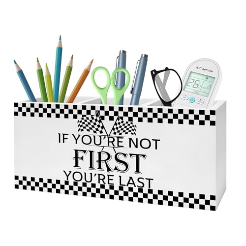 Racing Checkered Inspirational Pencil Pen Holder for Desk, If You're Not First You're Last Wooden Pencil Holder Organizer for Home Office Desk Accessories, Motivational Gifts for Men - color: Color-Desk accessories white 05