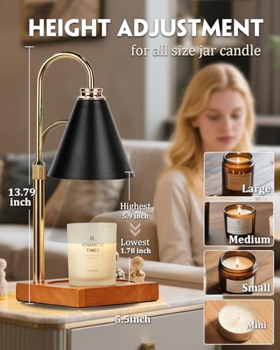 Candle Warmer Lamp with Timer Dimmable,Mothers Day Birthday Gifts for Women Mom, Adjustable Height Candle Warmer, Black Candle Lamp Warmer for Jar Candles with 2 Bulbs Home Decor - color: Black-gold Pole