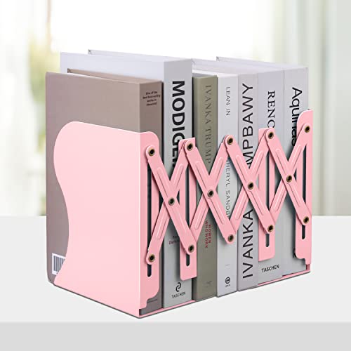 Honagu Adjustable Bookends, Metal Book Ends for Shelves Heavy Book, Desk Magazine File Organizer for Home, Office, Books, Papers, Extends up to 19 inches, for Students,Teachers (Pink) - color: Pink