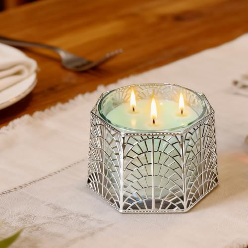 3 Wick Candle Holder, Shell Design Candle Jar Holder for 4-Inch Diameter Jars (5.25" D x 3.5" H), Rose Gold Metal, Coastal Decor - color: Silver