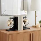 Modern Glass Globe Bookends with Wood Base - Decorative Book Accessories and Home Library Shelf Decor - Sculptural Book Ends for Stylish Bookshelf, Office Accent, or Desk Decor - Set of 2, 9", Black