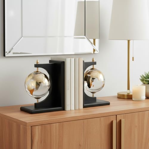 Modern Glass Globe Bookends with Wood Base - Decorative Book Accessories and Home Library Shelf Decor - Sculptural Book Ends for Stylish Bookshelf, Office Accent, or Desk Decor - Set of 2, 9", Black