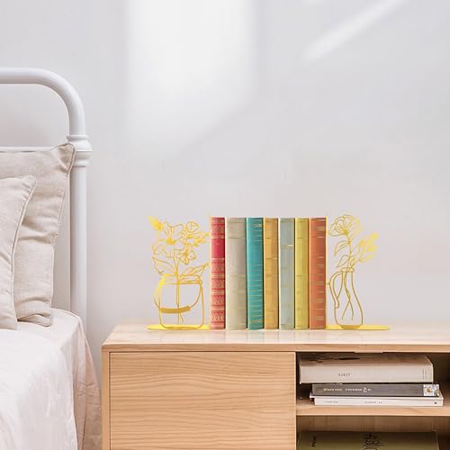 Metal Flower Vase Gold Bookends, Cute Book Ends for Office Home Decor Decorative Gold Book Ends for Shelves, Ideal Gift for Book Lovers