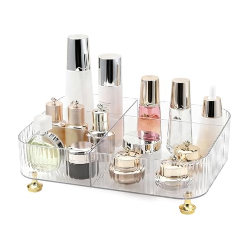 DASITON Makeup Organizer Countertop for Vanity, 5 Slots Makeup Brush Holder Organizer, Vintage Makeup Perfume Tray Cosmetic and Skincare Organizers for Bedroom Bathroom Counter, Desk Storage (Clear) - color: Clear