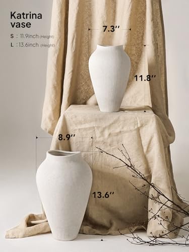 White Ceramic Vase - Large 11.8 Inch Tall Floor Vase for Centerpieces, Farmhouse Flower Vases, Rustic Minimalist Home Decor for Living Room, Enterway, Wedding (Sandstone White) - color: Sandstone White, size: 11.8 Inch