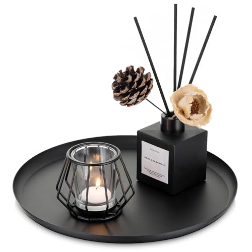 Romadedi Black Round Decorative Tray: Metal Candle Trays Decor for Coffee Table Centerpiece Large Modern Serving Tray for Kitchen Counter Farmhouse Home Decorations, 12.6 Inch