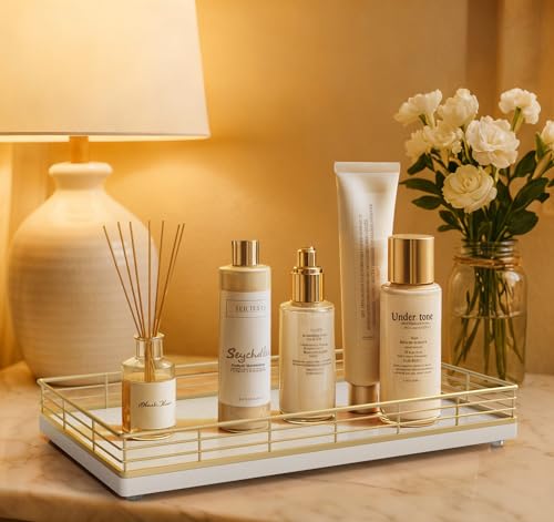 Large Bathroom Vanity Tray – 13" x 8" Oak Decorative Wooden Tray for Bathroom Countertop & Vanity Organizer, Wood Tray for Perfume, Skincare & Accessories Storage, Vanity Dresser Decor Gold & White - color: Gold & White, size: 13" x 8" x 2"