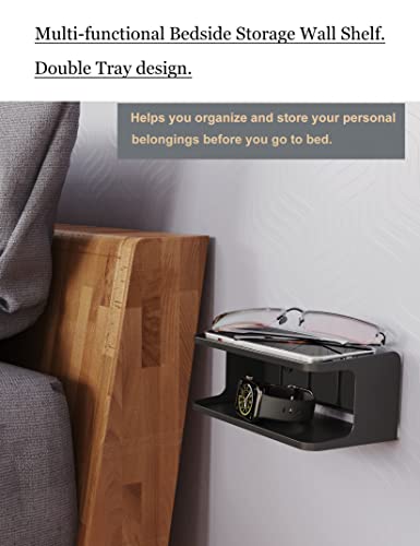 Bedside Wall Shelf Organizer Small Bedside Shelf Wall Mount for Bed Universal Stick on Wall Shelf Double Tray Holder for Storing Cellphone, Glasses, Keys, Camera, Alarm Clock (Black) - color: Black